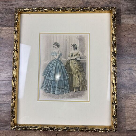 Framed Victorian Litho 1900s Godey's Ladys Book Fashion Plate Will He Never Come - Picture 1 of 6